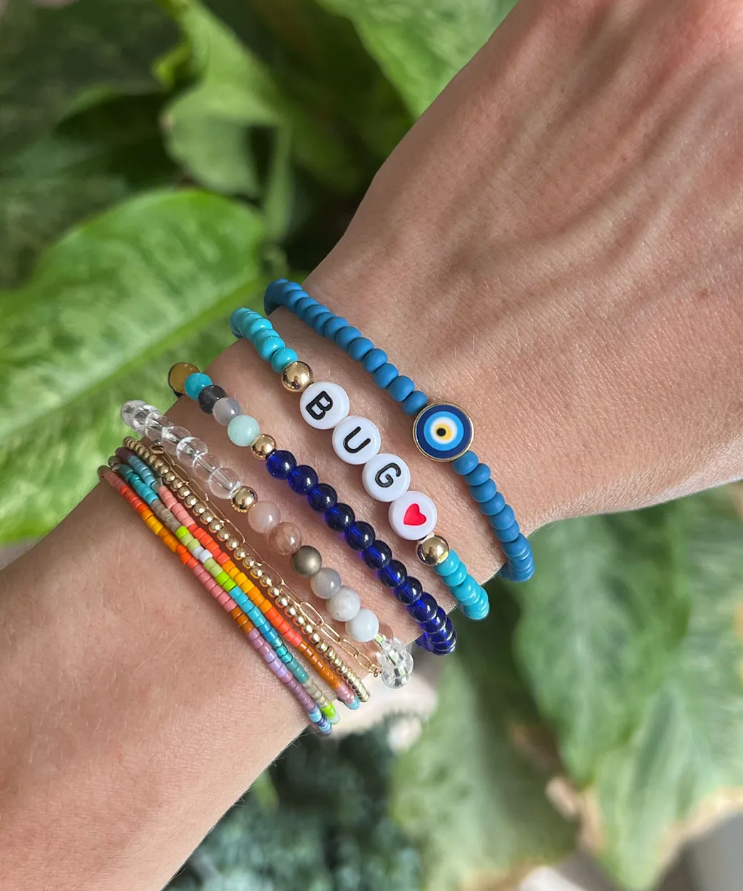 Clay Bead Bracelet - EVIL EYE STONE With Blue, White & Silver Accents HAND  MADE